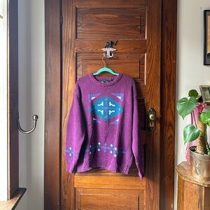 Alexander Julian Purple Crewneck Sweater with Teal Geometric Intarsia Motif